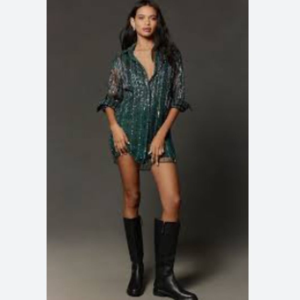 Brand New by Anthropologie Blue Tassel Sequin Stripe Mini Shirt Dress